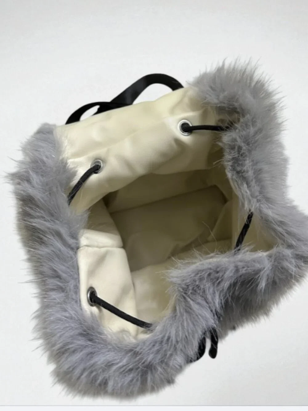 Soft Gray Faux Fur Backpack Plush Winter Drawstring Mini Backpack Cute Cozy Bag